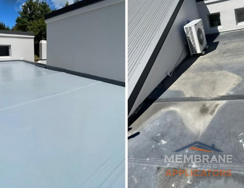Completed butynol roof repair — membrane restored and watertight
